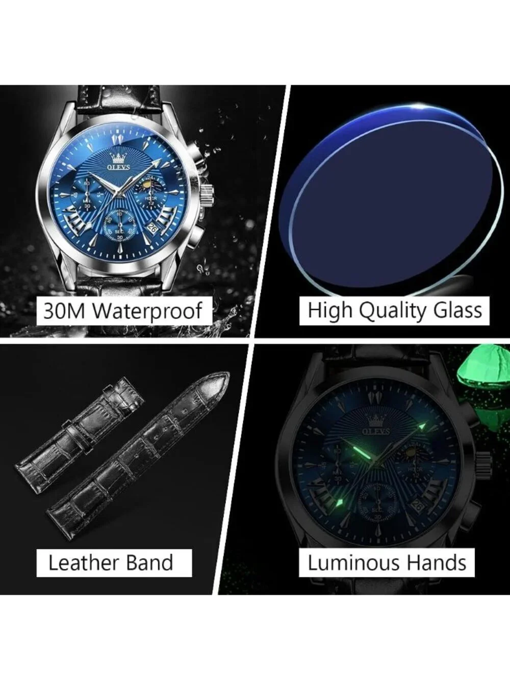 Men's Blue Leather Chronograph Watch Big Face Waterproof Date Luminous Watch